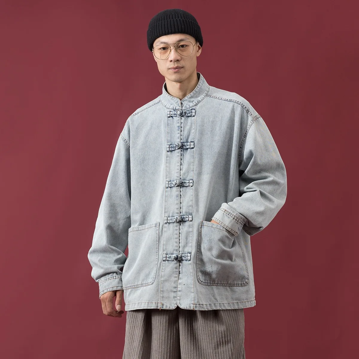 New Chinese Vintage Workwear Denim Jacket, Men's Autumn/winter Loose Casual Multi-pocket Washed Tang Jacket
