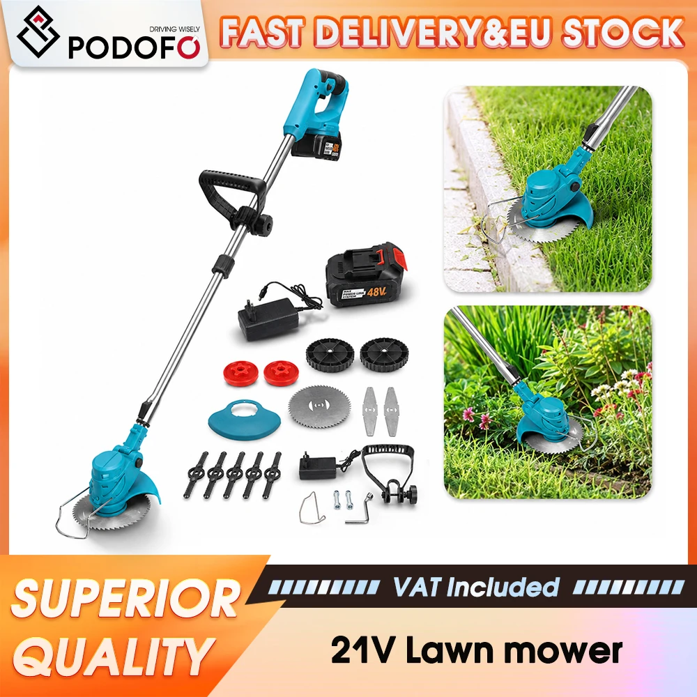 Podofo 1800 W kabelloser elektrischer Rasenmäher, 1500 U/min, mehrfach winkelverstellbarer, wiederaufladbarer Handrasentrimmer, leichtes Garten-Rasenschneidewerkzeug für Gartenentbuschung und