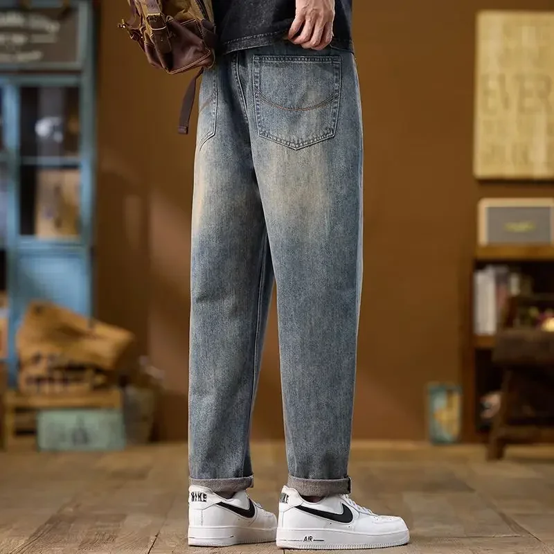 Neue Vintage-Jeans für Herren, schmale Passform, bestickt, gerade, trendige Denim-Hose, hohe Taille, elastische Taille, atmungsaktive Herren-Baggy-Hose