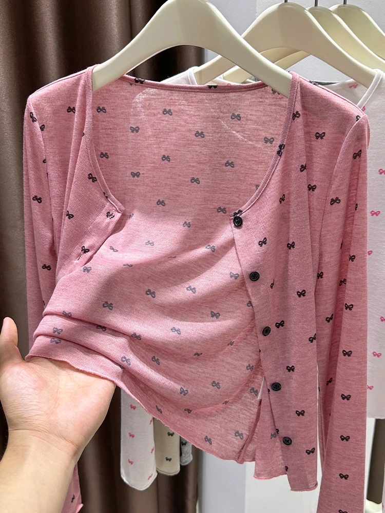 

Розовый вязаный топ-накидка для женщин на лето с бретельками, тонкий длинный рукав, защита от солнца, открытая модель...