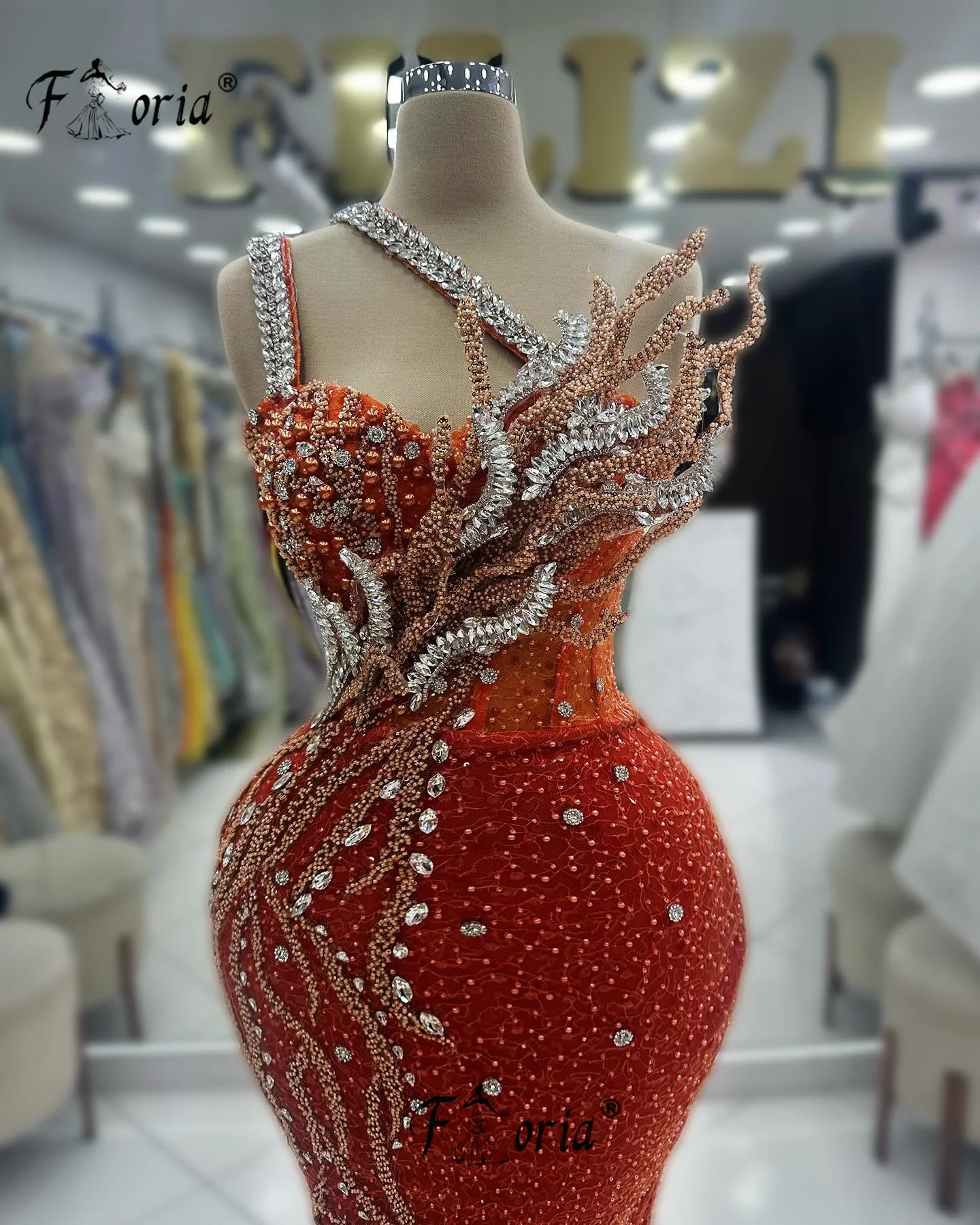 Orange Dubai gaun malam putri duyung mutiara manik-manik Kristal 3D applique gaun pesta Arab gaun Prom Formal Robe De Soiree 2024