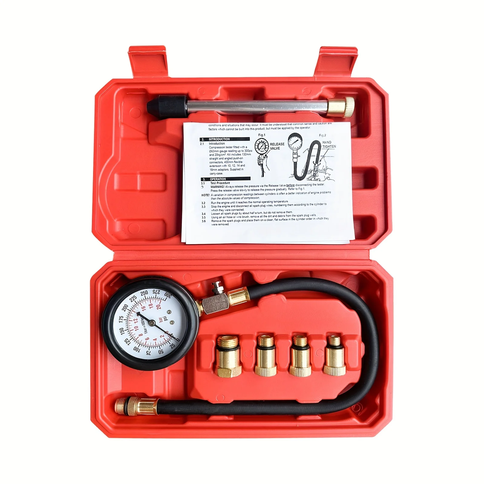 

Precision Automotive Cylinder Compression Tester Kit - 0-300 PSI Pressure Gauge with Adapters for Cars, Motorcycles & Trucks