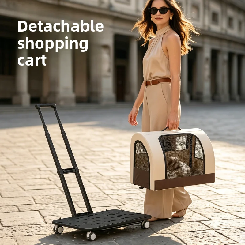 Carrito Plegable Grande para Mascotas con Asa Telescópica, Ventilación de Malla, 5 Ruedas Silenciosas, Bolsa Desmontable, para Gatos y Perros Pequeños