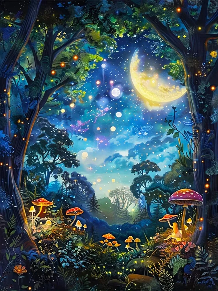 DIY Enchanted Forest Diamond Painting Crescent Moon Glowing Firefly Mushroom Fantasy Night Scene Home Decor Gift