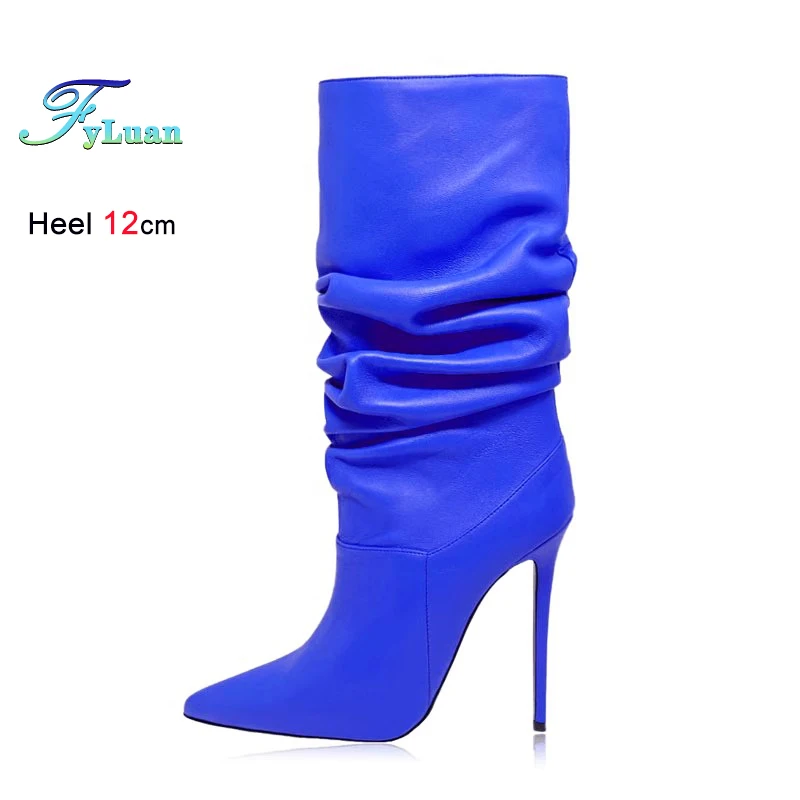 

2026 New Elegant Stiletto Mid-calf Boots For Ladies Thin Heel 12CM Winter Pointy Toe Pleated Boots Plus Size Blue Women's Shoes