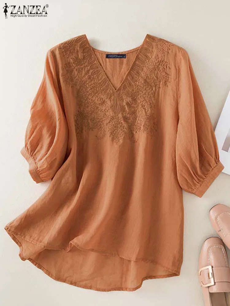 ZANZEA 2024 Summer Half Sleeve Fashion Solid V-neck Tops Oversize Women Casual Blouse Shirts Embroidery Stitching Tunic Femme