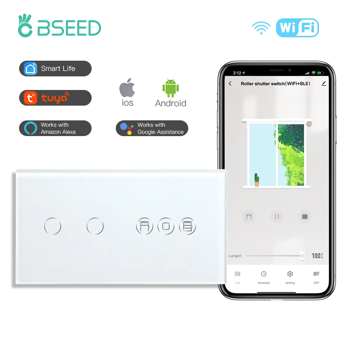 

BSEED Wifi Roller Shutter Swith Plus 1/2/3Gang Alexa Smart Light Touch Switches Support Tuya Google Smart Life App Control