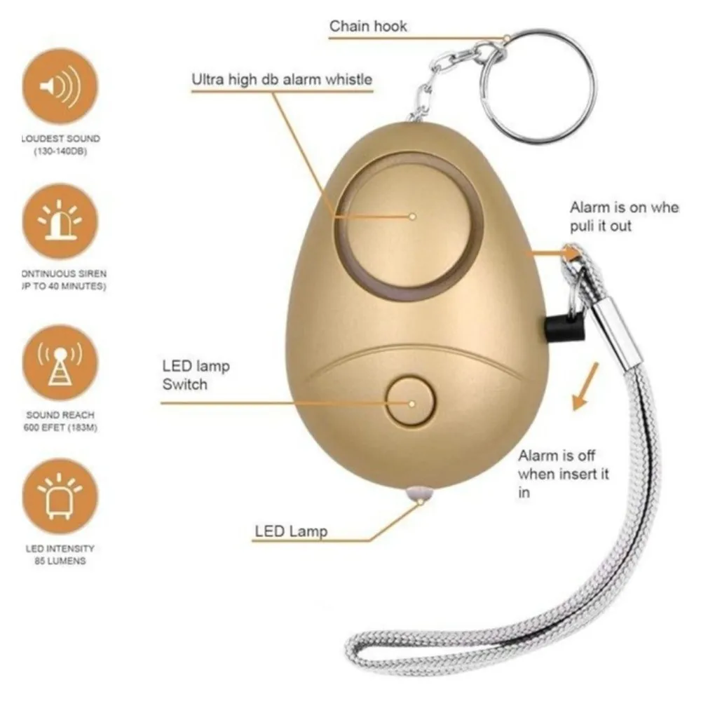 Sound Alert Loud Siren Personal Alarm Egg-shaped 130dB Sound Emergency Alarm LED Flashlight Security Protection Women