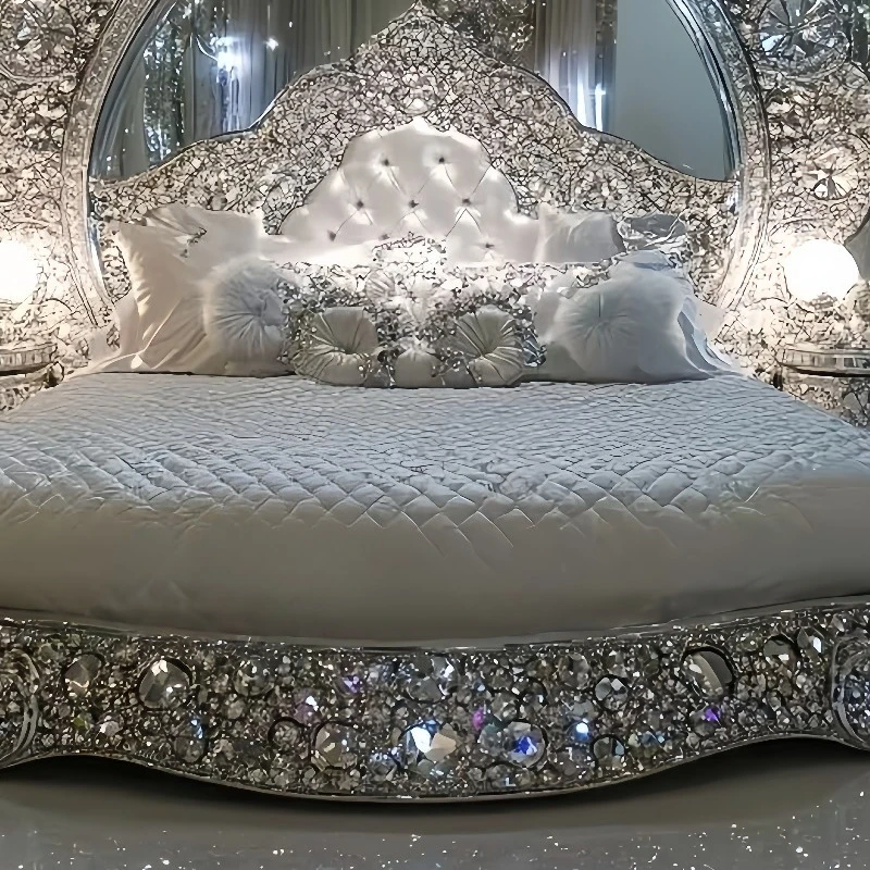 European Crystal Bed Italian Art Furniture French Luxury Solid Wood Inlaid Diamond Shining Master Bedroom Silver Princess Bed