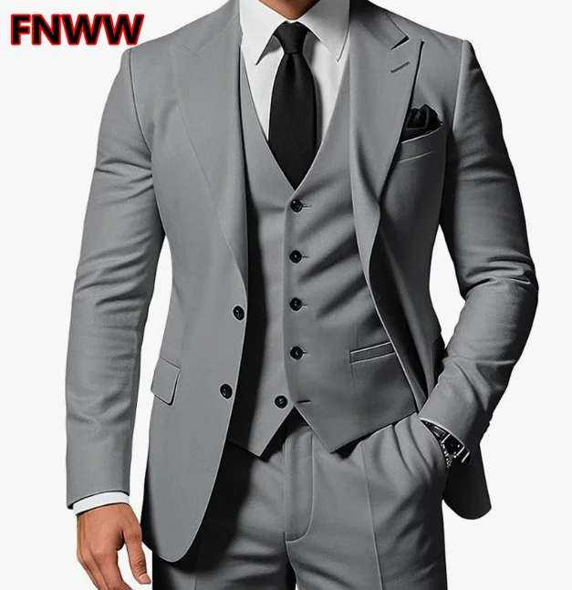 2026 Dark Grey Slim Fit 3 Piece Men's Suit Set with Peak Lapel Single Breasted Elegant Groom Male Jacket Pants Vest Ensemble