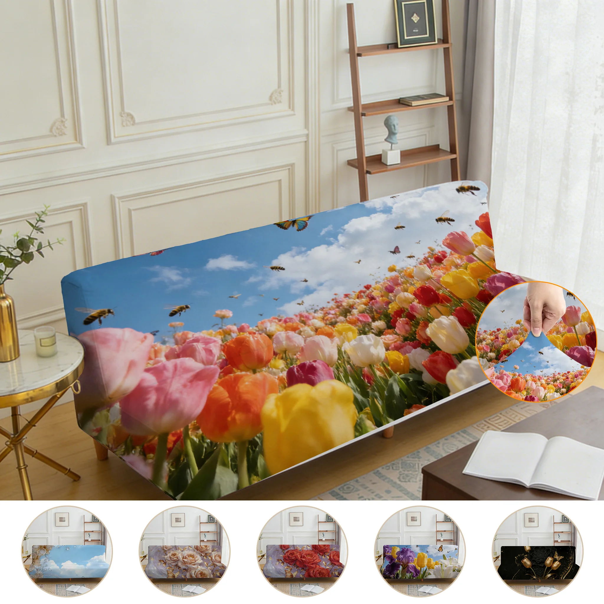 Armrestless stretch sofa bed cover, flower sea rose tulip floral pattern, dustproof machine washable sofa bed cover