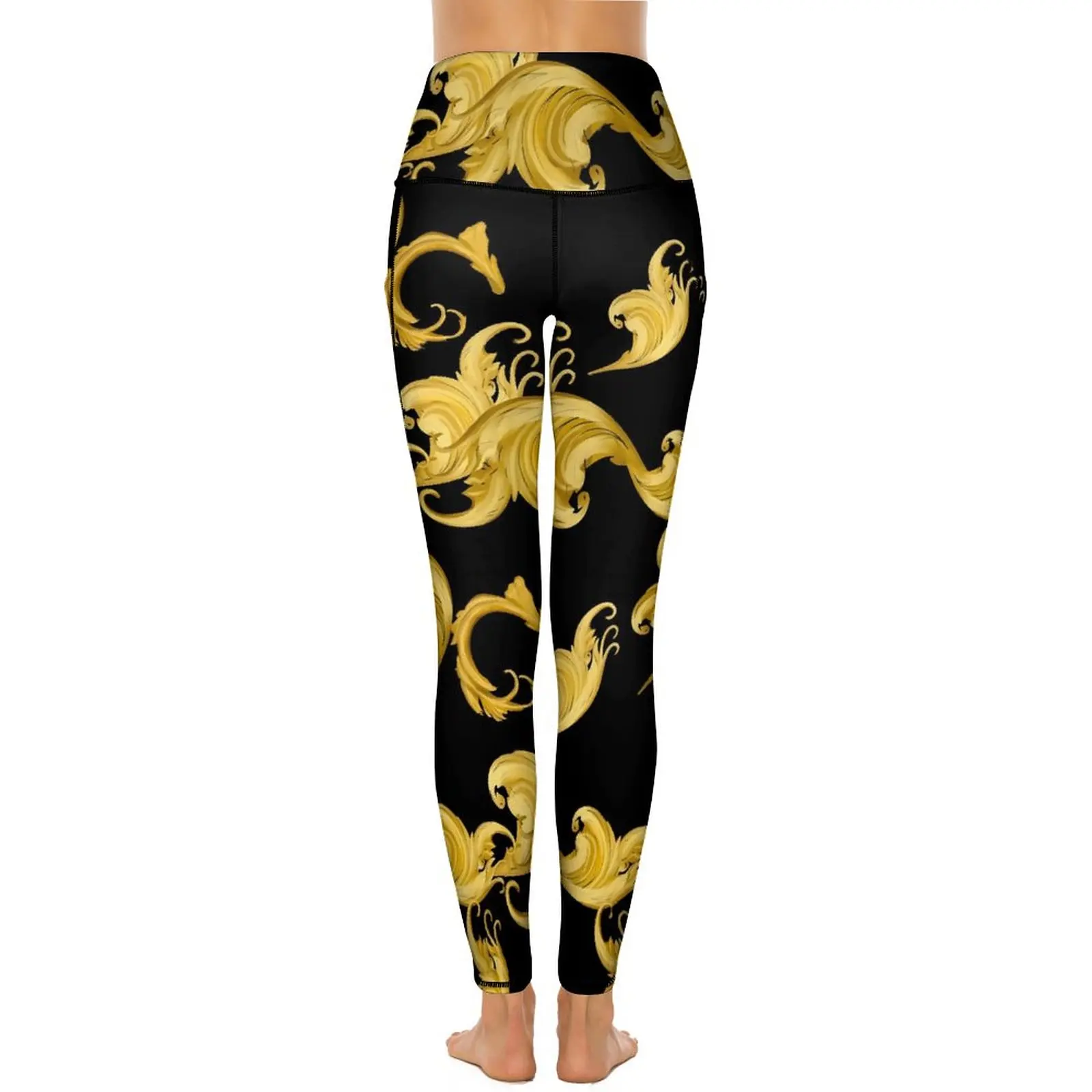 Baroque Leaf Leggings Gold Floral Fitness Yoga Pants High Waist Breathable Leggins Stretch Graphic Sports Tights Birthday Gift