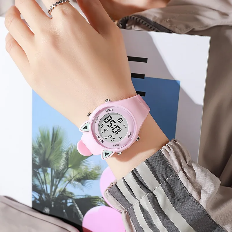 Orologi elettronici per studenti per bambini per ragazze e ragazzi Orologio da polso elettronico semplice a LED sportivo digitale con orecchio di gatto carino Relogio per bambini