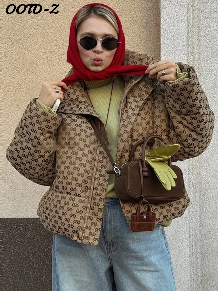 Stylish Alphabet Cotton Jacket Women Lapel Full Sleeve Zipper Short Coats Female 2025 Winter Chic Lady Warm All-matching Outwear