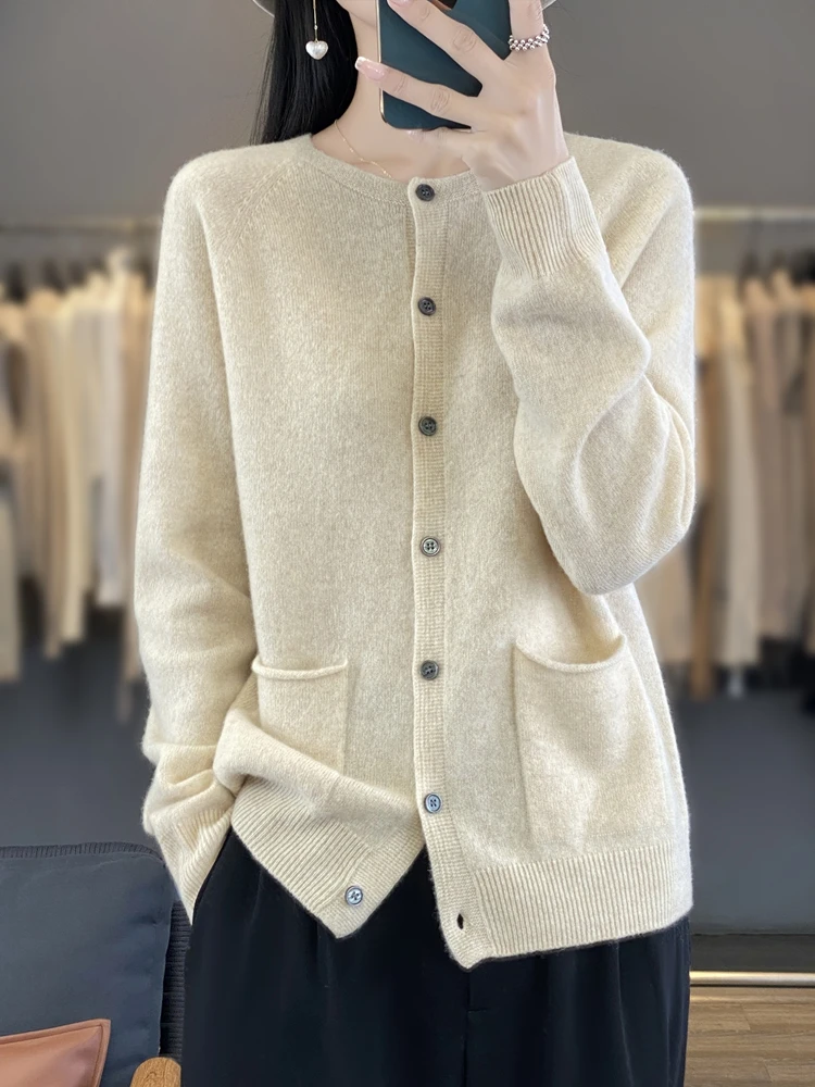 Women Fashion Merino Wool Sweater O-Neck Long-sleeve Pocket Cardigan Spring Autumn Cashmere Warm Knitwear Female Coat Soft Tops