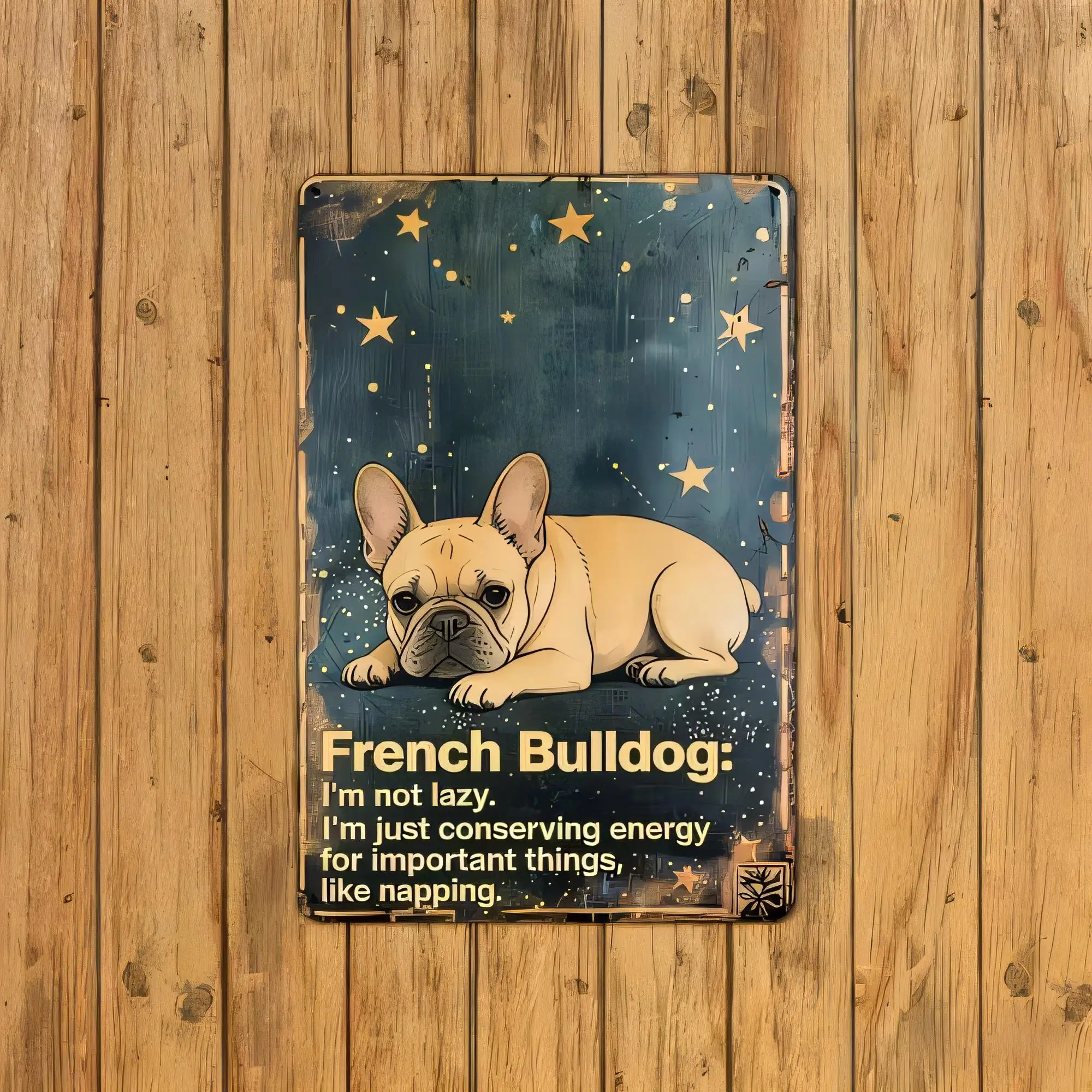Tin Sign French Bulldog I'm Not Lazy I'm Just Conserving Energy for Important Things Like Napping Rustic Metal Poster Wall Decor