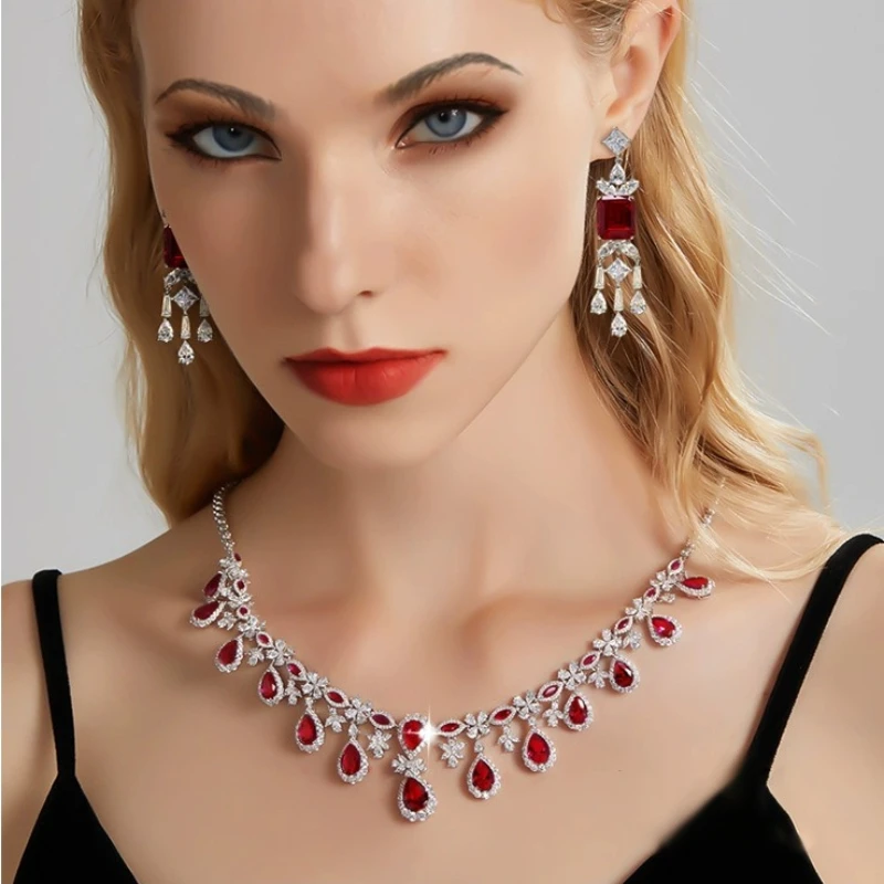 High Quality Gorgeous Sparkling Red Cubic Zircon Waterdrop Necklaces for Ladies Vintage Elegant Banquet Proposal Wedding Jewelry