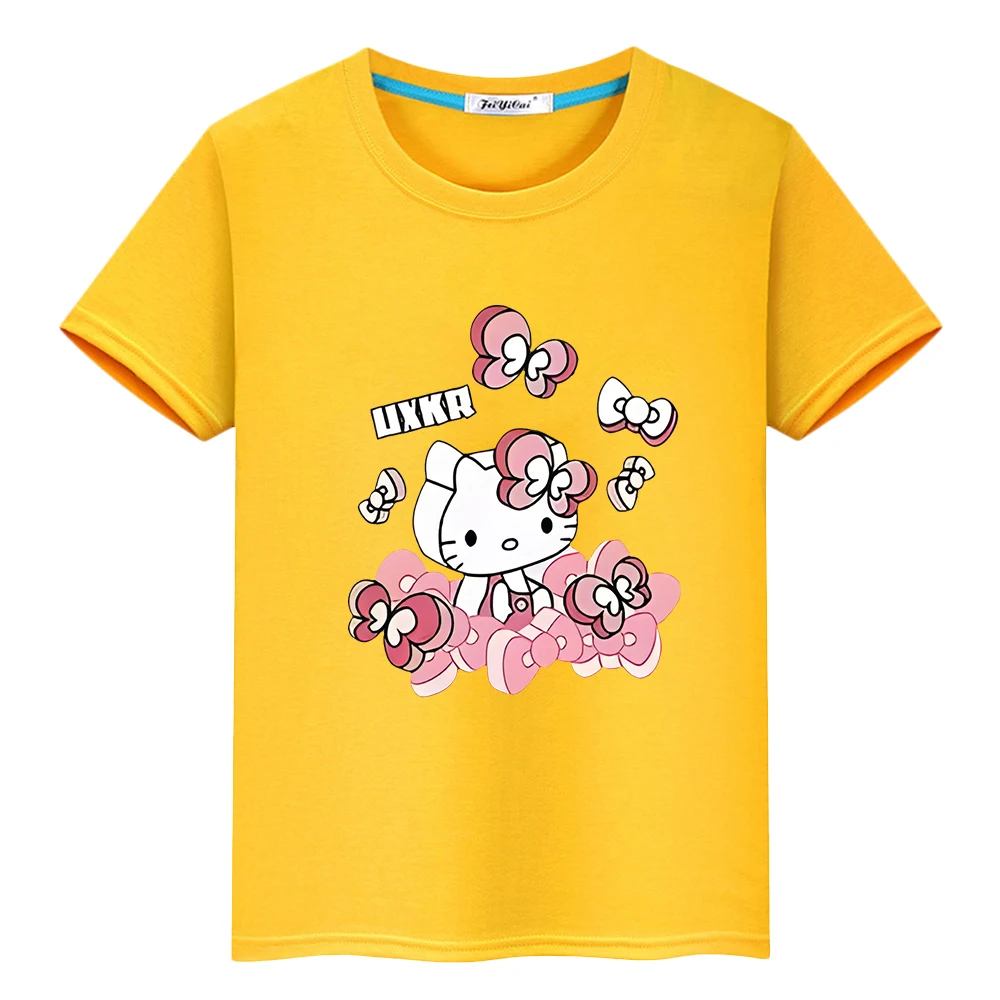 Hello Kitty Kleding Print 100% Katoenen Jongens Meisjes T-Shirt Anime Tees Zomer Tops Trots Tshirt Schattige Korte Y 2K Een Stuk Kids Cadeau Voor Kinderen