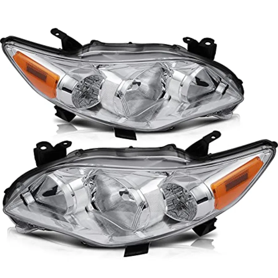 

Комплект фар (пара) для Toyota Corolla 2011-2013, хромированный корпус, янтарный отражатель, прозрачные линзы, левая и правая стороны