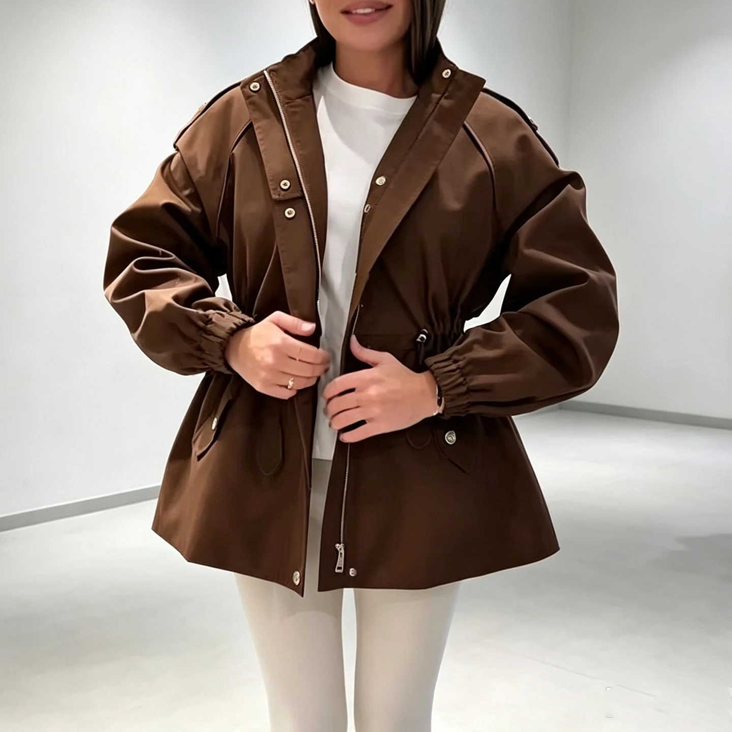 Casual Long Sleeve Windbreaker Women's Jacket Drawstring Stand Collar Waist Cinching Outerwear Autumn Commuting Fashion ZADATA