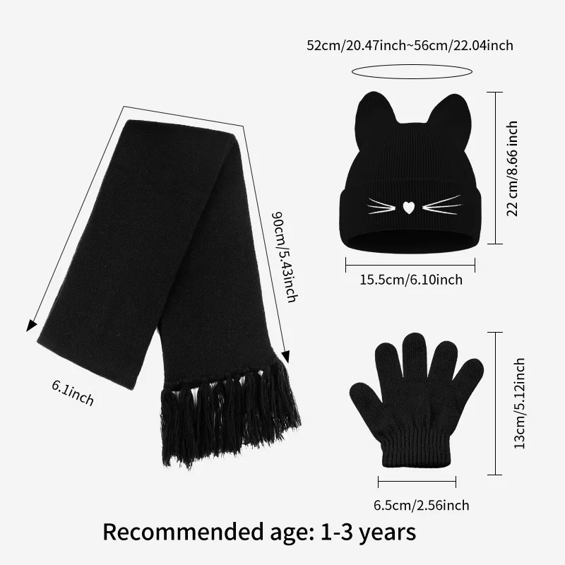 Toddler 1-3 Years Cute Soft Knitted 3Pcs Hat Scarf Gloves Set, Cat Whisker Heart Embroidery for Daily Outdoor Walk