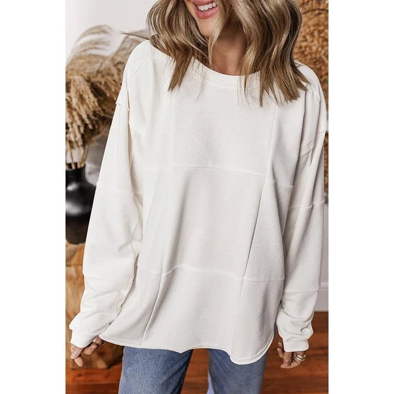 Top de manga larga de Color liso para mujer, jersey holgado de verano, estilo americano y europeo Simple, que cubre carne que combina con todo