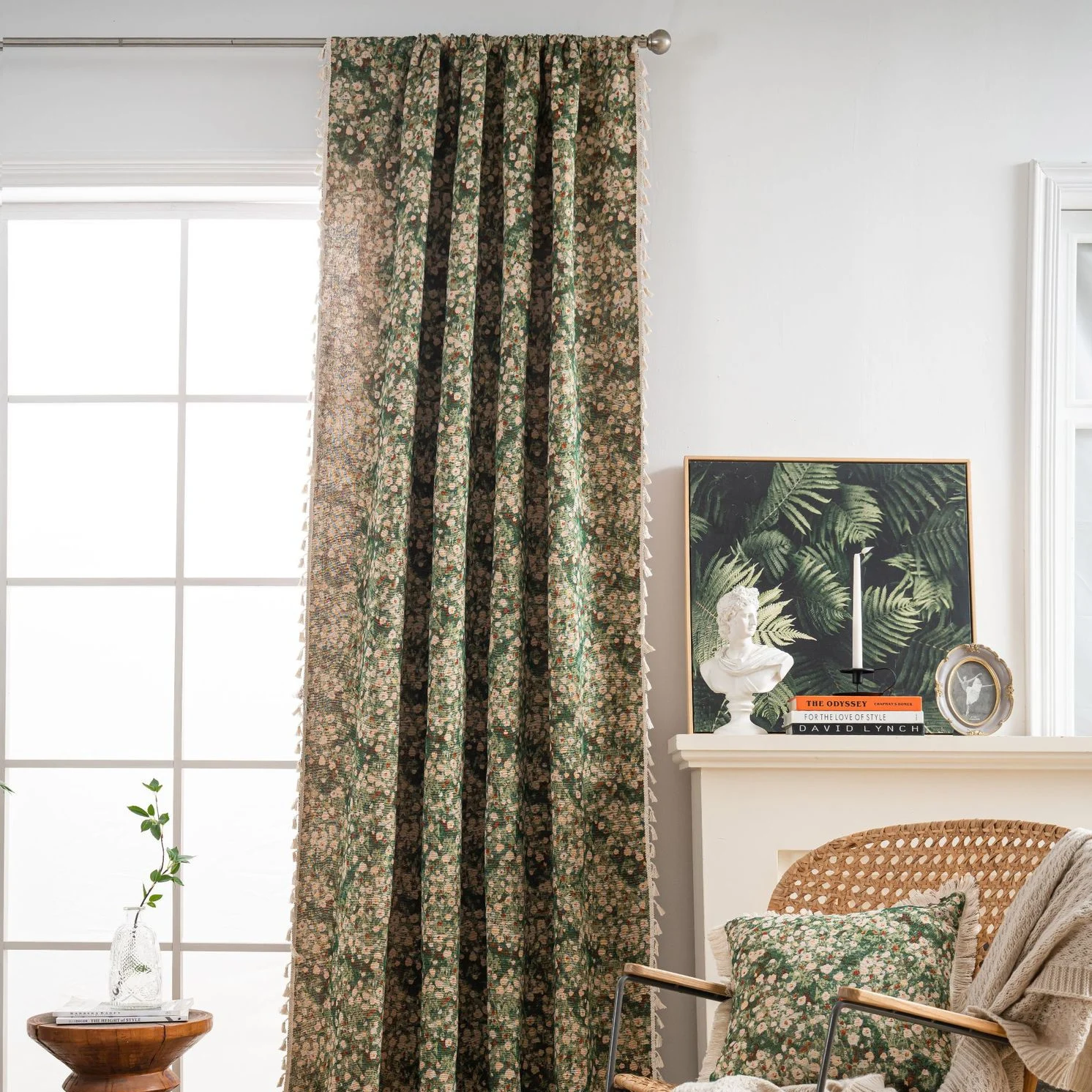 Retro-Style Thickened Fresh Light Curtains Semi-Blackout Green Oil Painting Pattern Curtain for Home Decor