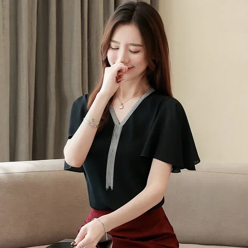 

Womens Tops and Blouses Women Short Sleeve Shirts White Chiffon Blouse Womens Clothing V-Neck Solid Color Women Blusas 3897