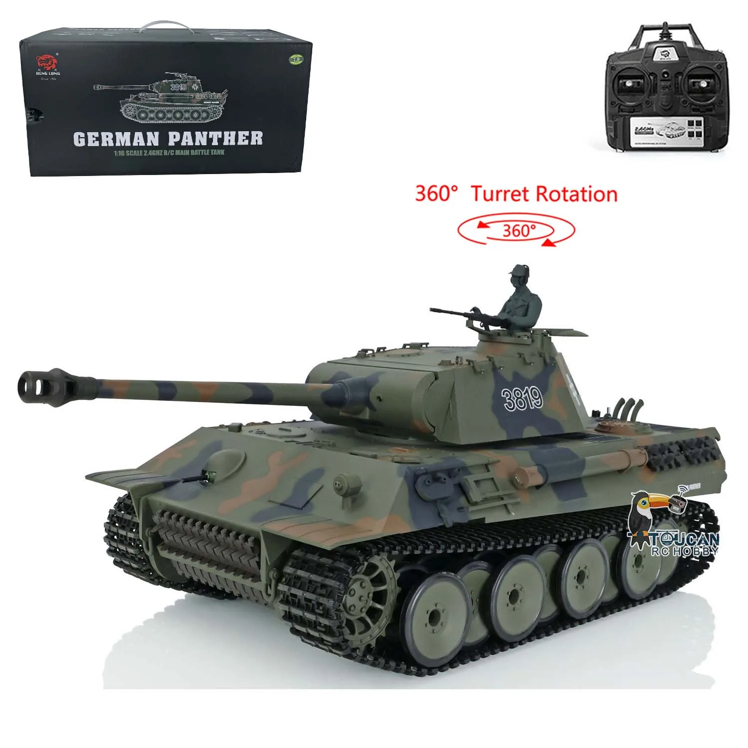 RC Battle Tank 2.4Ghz Heng Long 1/16 Scale 7.0 Plastic German Panther V Ready to Run Model 3819 360° Turret Toy TH17286