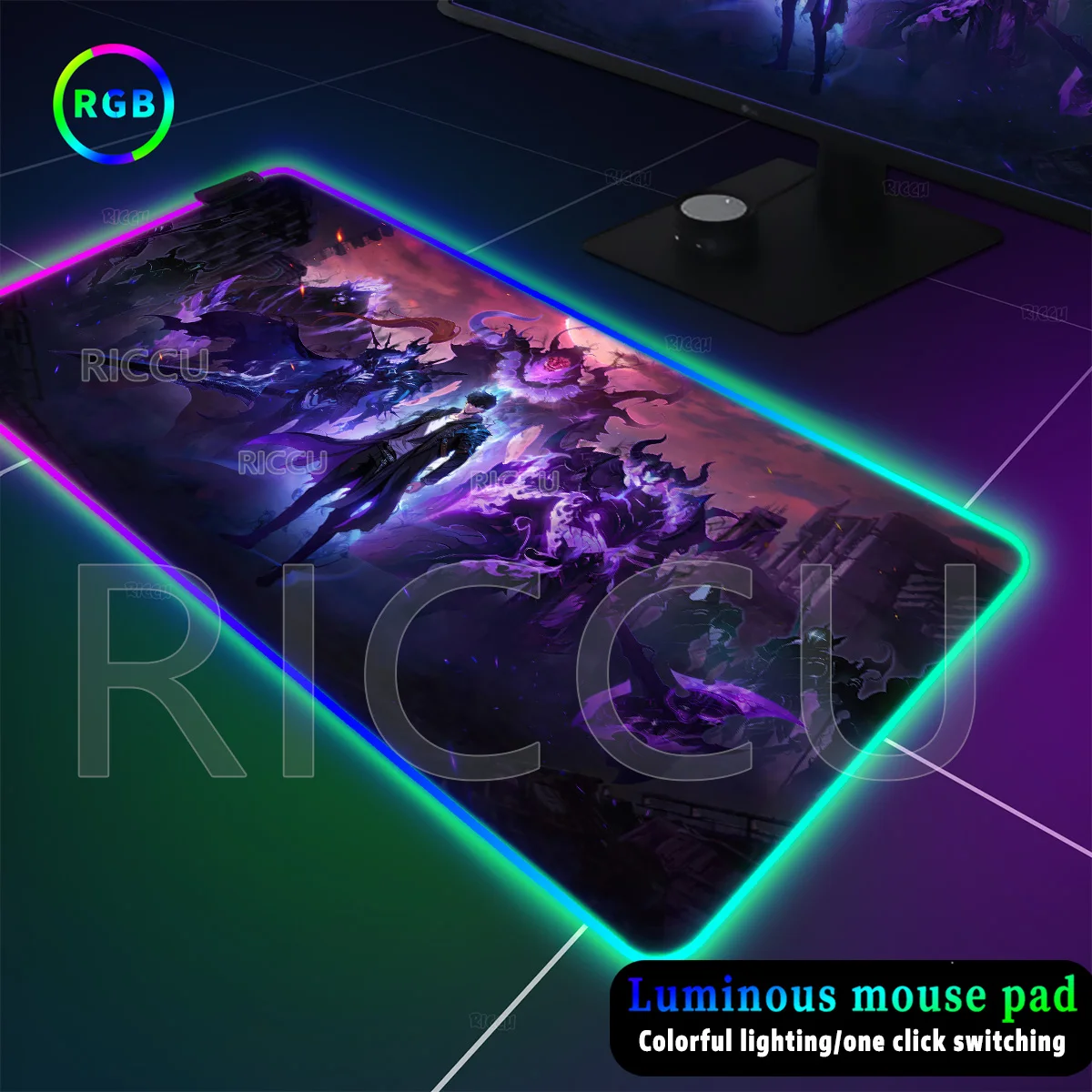 

RGB Solo Leveling Keyboard Expansion Anime Mouse Pad LED Glowing Rubber Backlight Laptop Handsome Pc Gaming Accessories for Boy
