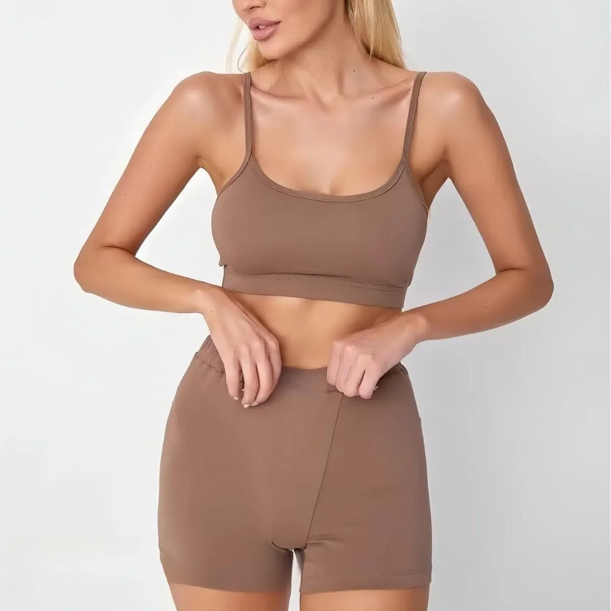 

Sexy Strap Vest orts Set Home Clothes Two-Piece Suite round Ne Pure Color Svel Elastic Waisand for Young Women