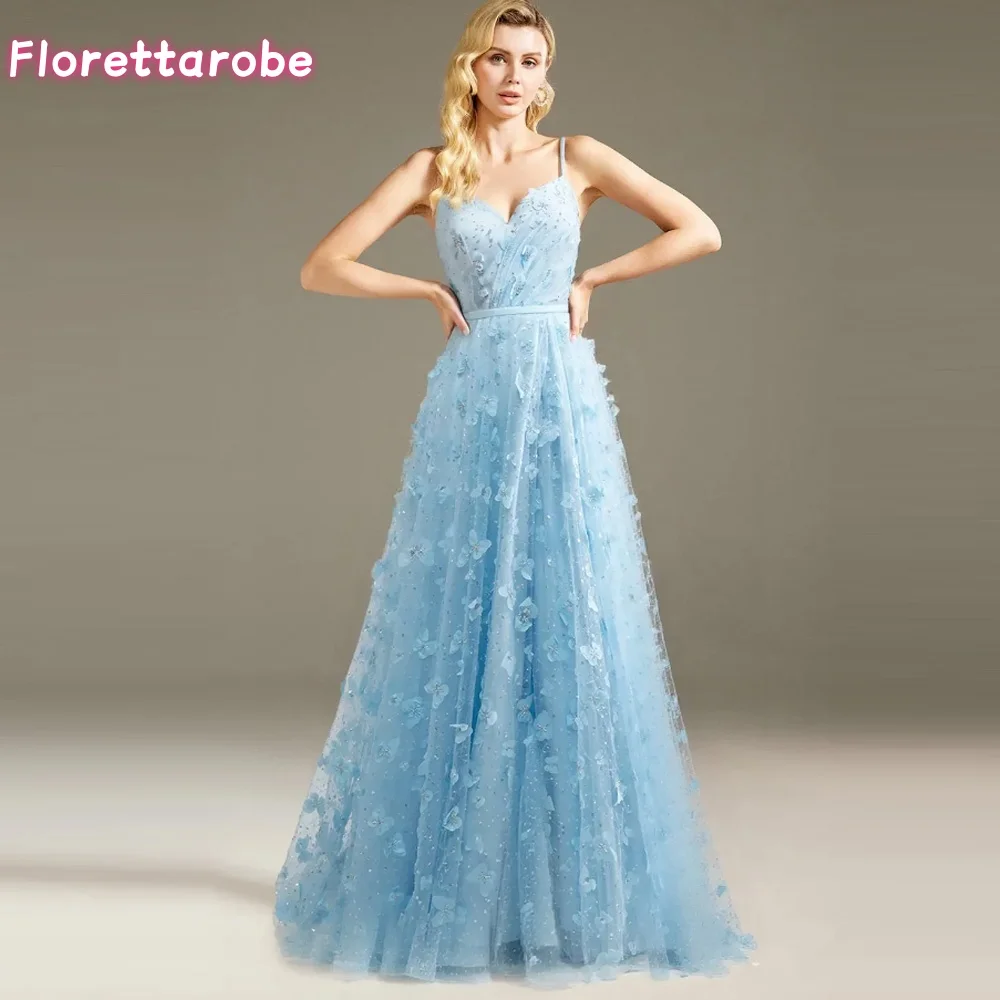 

Customized Mint 3D Butterfly Beadings Tulle Prom Dresses V-Neck Spaghetti Straps High Side Split A-Line Evening Gowns