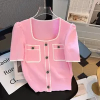 Summer Sweater Women's Knit T-shirt Casual Short Sleeve Woman Clothes Versatile Square Collar Lady Pullover Knitwear Tops Jumper