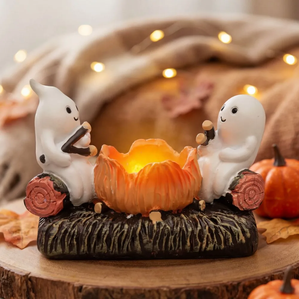 Cartoon Ghost Campfire Flickering Candle Holder Removable Firewood Pile Decorative Halloween Desk Ghost Torch Figurine Resin