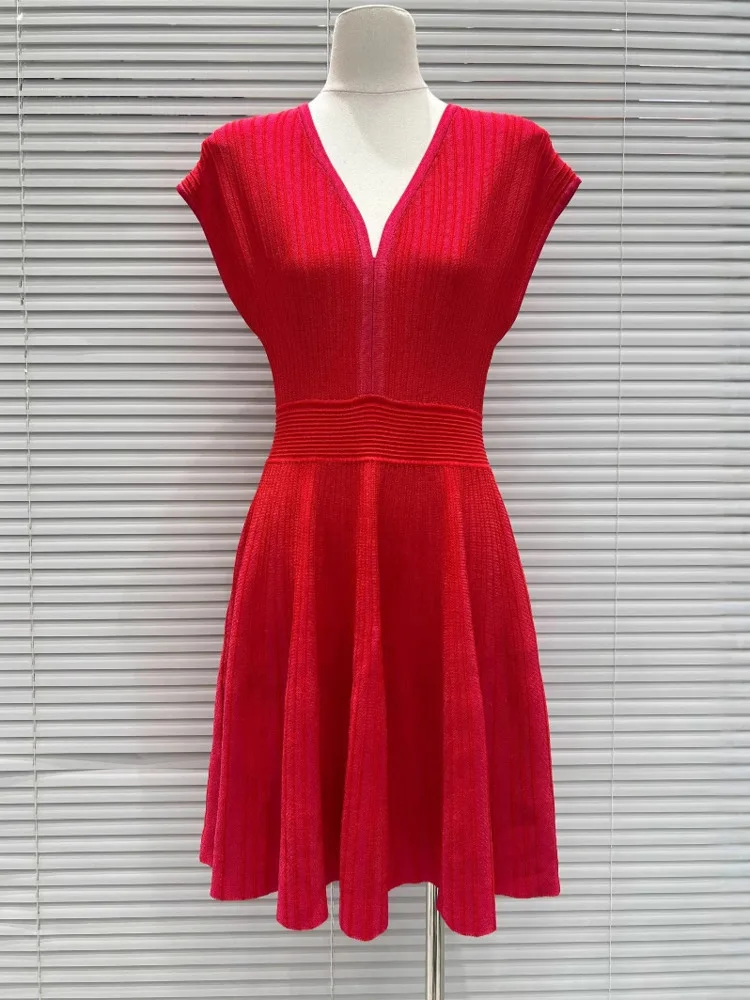 CHUJIE Vestido elegante de malha listrada – Design sem mangas com decote em V – Bodycon leve – Estilo maduro de verão – Mistura de poliamida de viscose