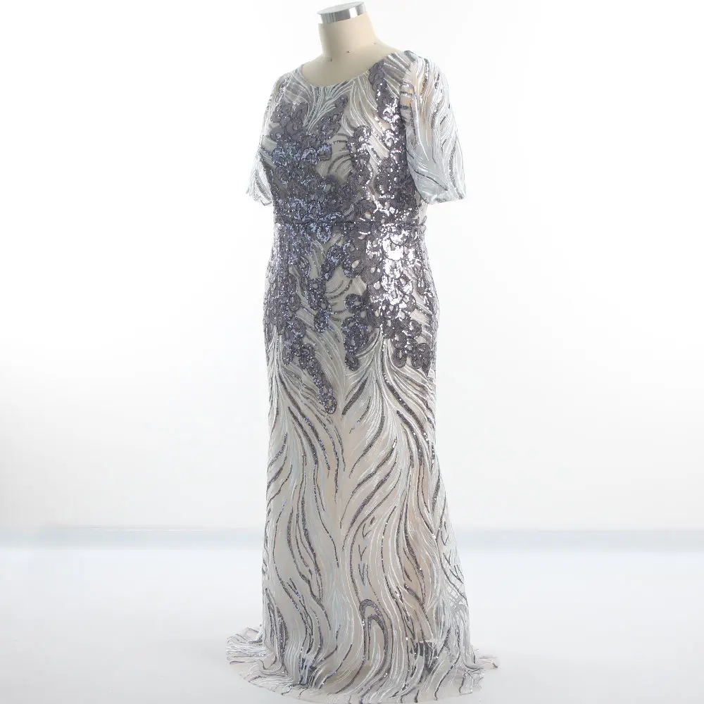 Robe de soirée en paillettes violettes, col rond, demi-manches, sirène, longueur au sol, fermeture éclair au dos, grande taille, robe formelle pour femmes, K163, 2022