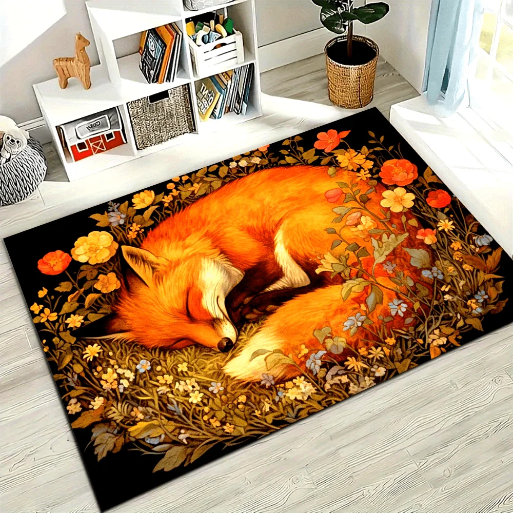 VIKAMA Cute Fox Plush Flower-Print Sofa Rug Soft And Comfortable To Touch, Easy To Clean, Ideal For Living Room Decoration