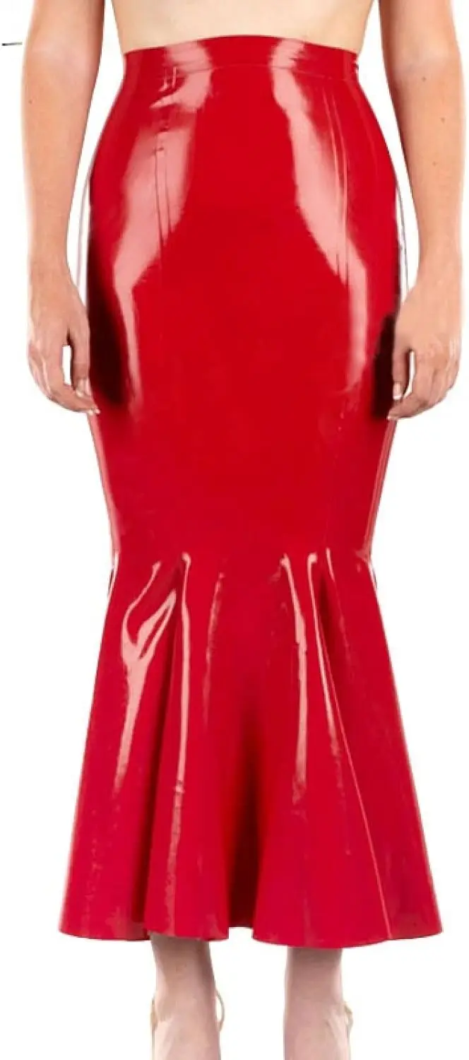 

Rubber Latex Women Long Skirts Red Flounce Bottom Underdress