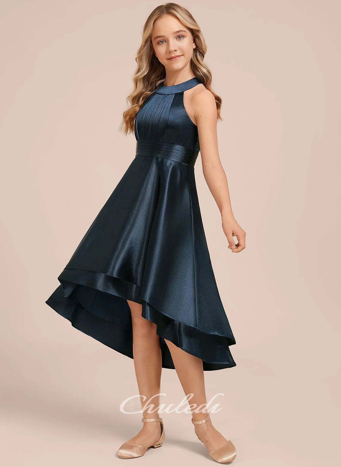 

A-line Halter Asymmetrical Stretch Satin Junior Bridesmaid Dress Round neck off-shoulder navy blue