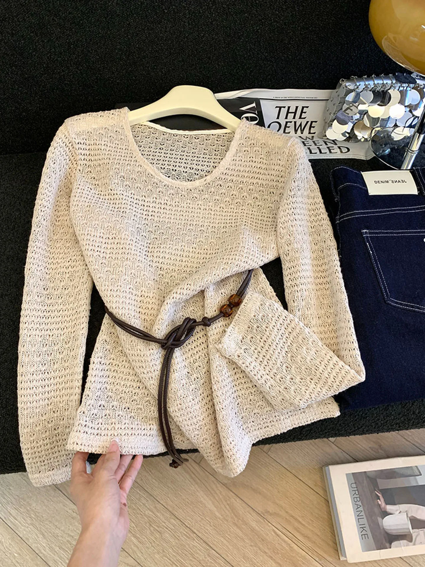 

Женский вязаный топ Emily Clud с вырезами, длинными рукавами и поясом, в французском стиле, с круглым вырезом, вязаное платье