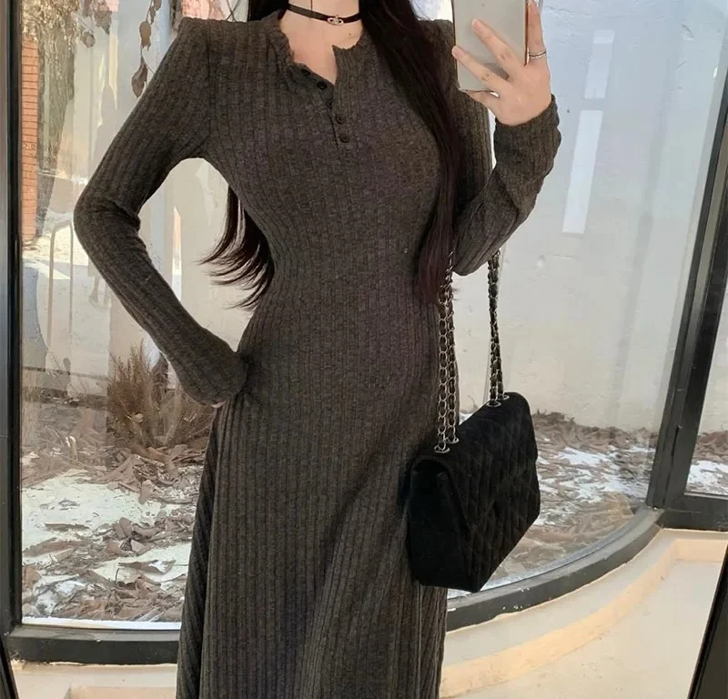 أنيقة ضئيلة عالية الخصر فساتين متماسكة النساء الخريف الشتاء طويلة الأكمام سميكة الدافئة فستان طويل خمر الشارع الشهير Vestidos #5