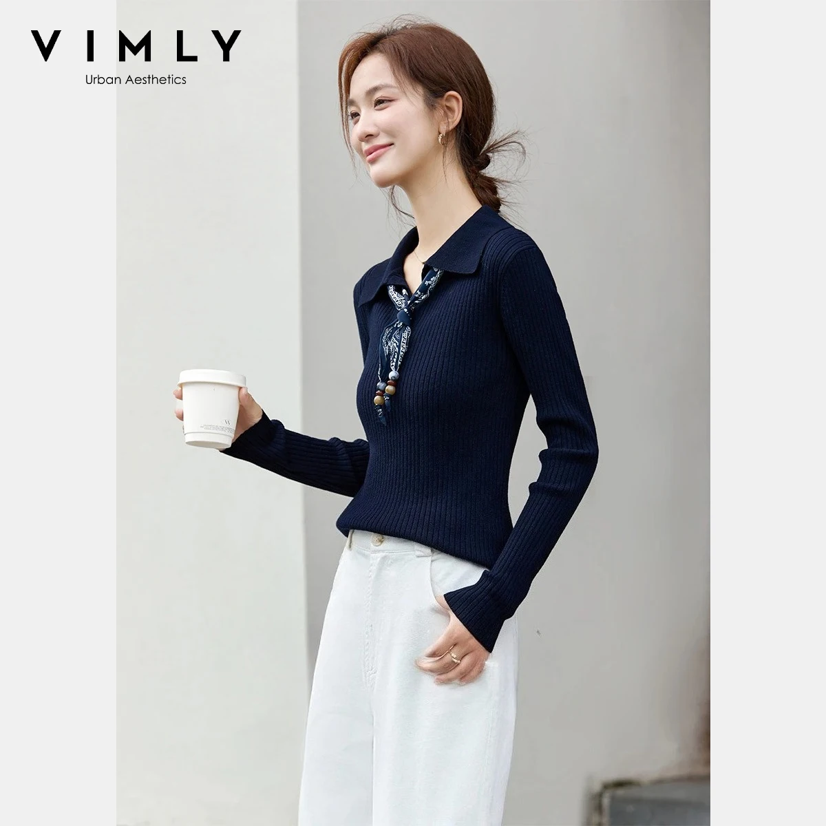 

VIMLY повседневный трикотаж для женщин, новинка 2025, шелковый шарф, воротник с лацканами, топы с длинными рукавами, мягкая утягивающая зимняя одежда, женская 75287