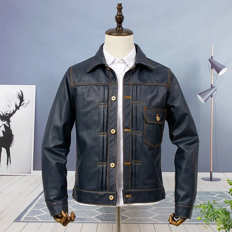 Shop Best.Classic casual 506 style natural leather coat.Men quality denim cowhide jacket.slim cloth.natural derme