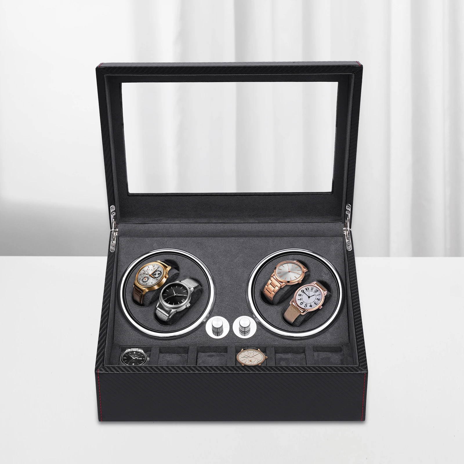 Watch Winder for 4 Automatic Watches with Extra 6 Watch Storages LED Illumination PU Shel Silent Motor Flexible Watch Pill