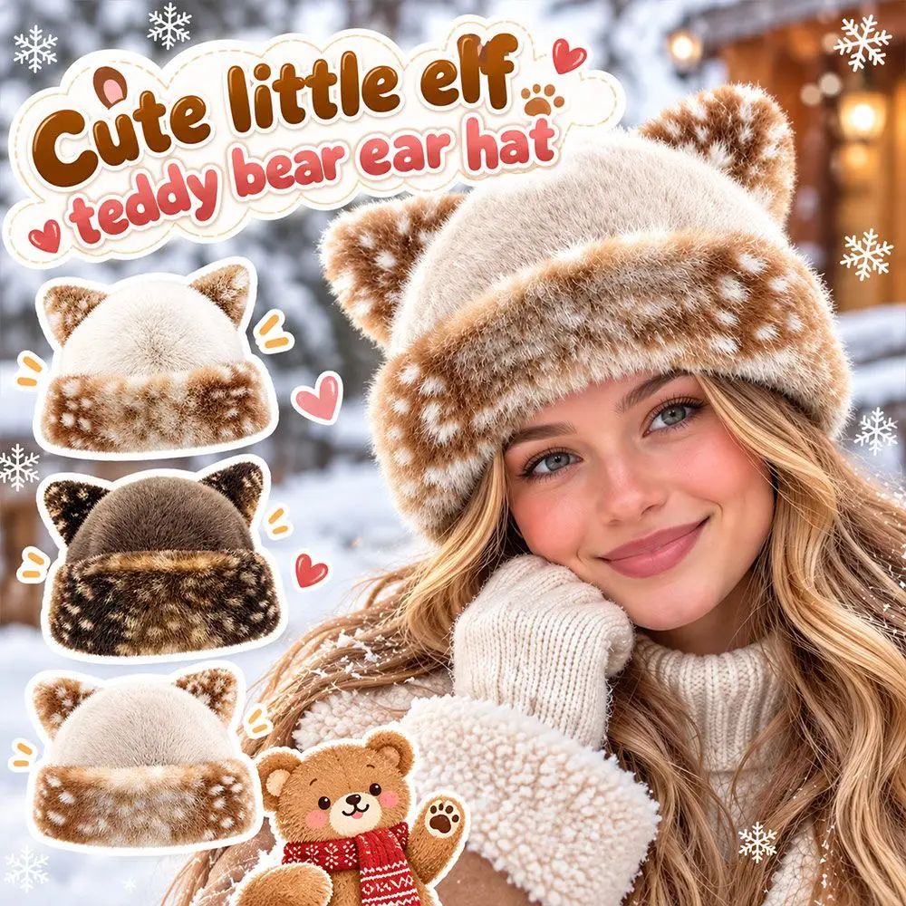 New Cat Ear Bucket Hat Thick Warm Spotted Pattern Fisherman Cap Faux Fur Winter Beanie Hat Women