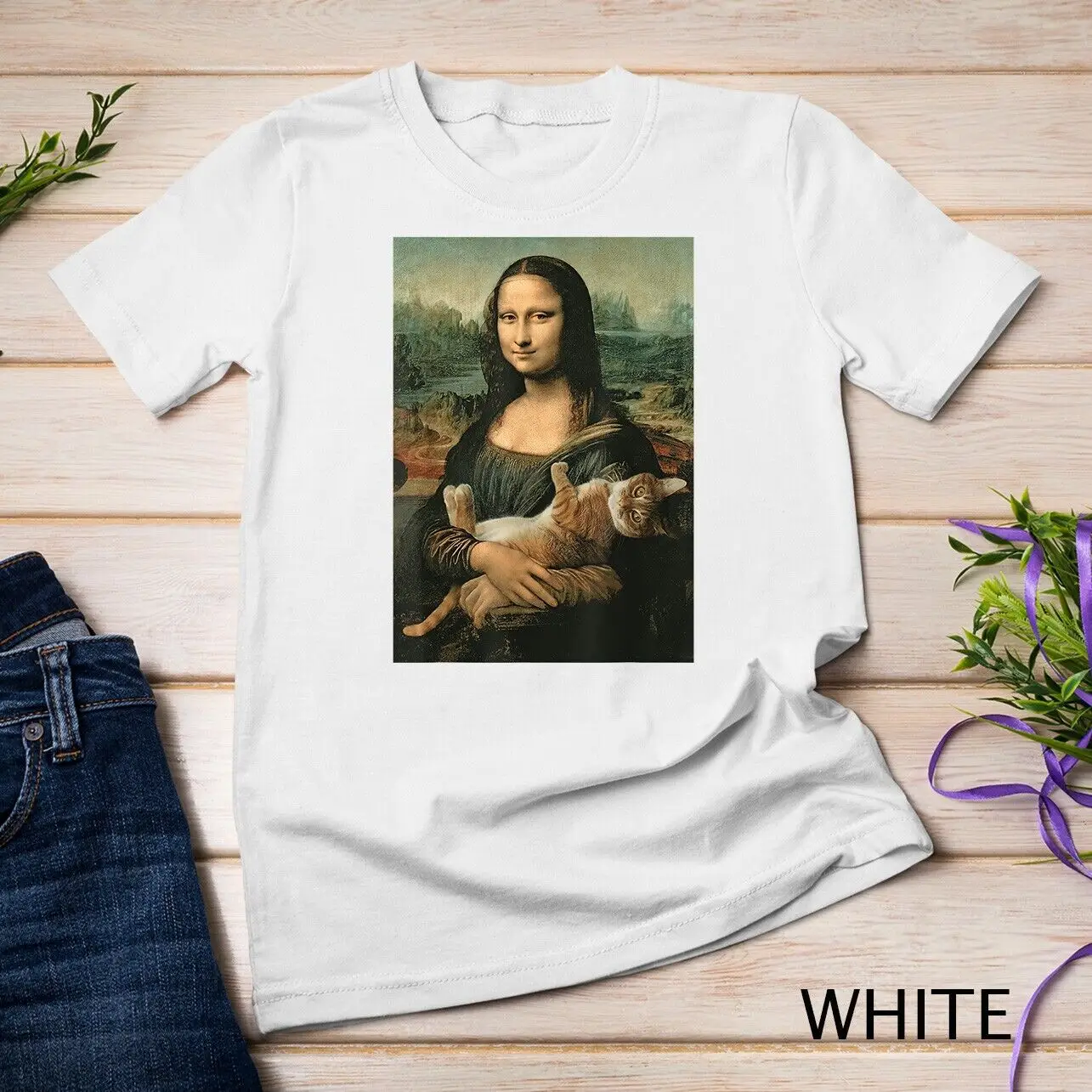 Mona Lisa With Orange Cat Funny Art Painting T-Shirt Unisex T-shirt