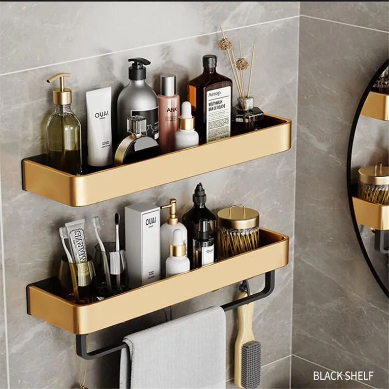 Bathroom Storage Organizer Bathroom Shelf Wall Mounted Holder Corner Shelf Brushed Gold Black Aluminum Bath Shower Shelf