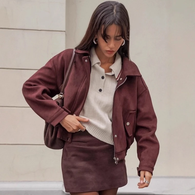 

TARUXY Retro Suede Lapel Jacket Women's Zipper Pocket Reddish Brown Casual Loose Splicing Long Sleeves Coat Autumn Street Coat