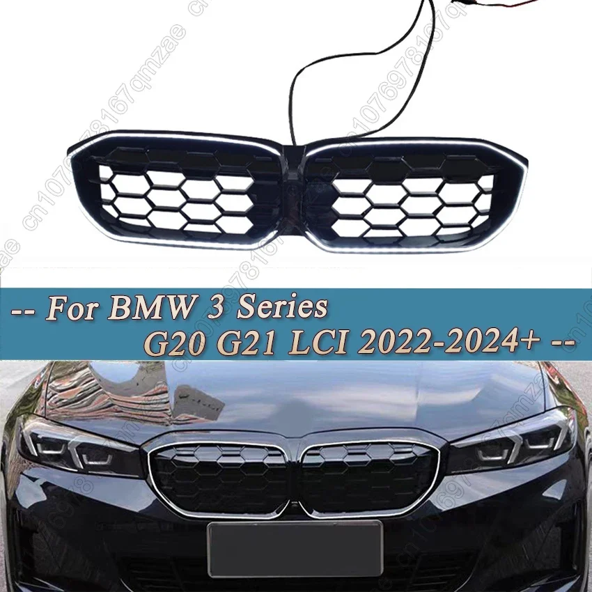 New LED Light Grille For BMW 3 Series G20 G21 320i 330i Facelift LCI 2022-2024 Racing Grills Front Gloss Black Grill Accessories