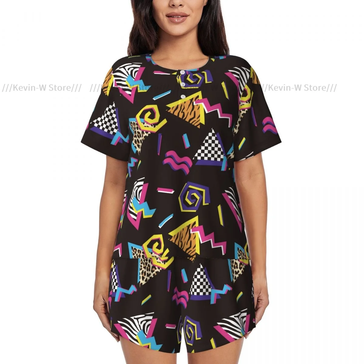 Women Pajamas Set Abstract Shapes And Animal Prints 90'S Style Homewear Two-Piece Short-Sleeved Short